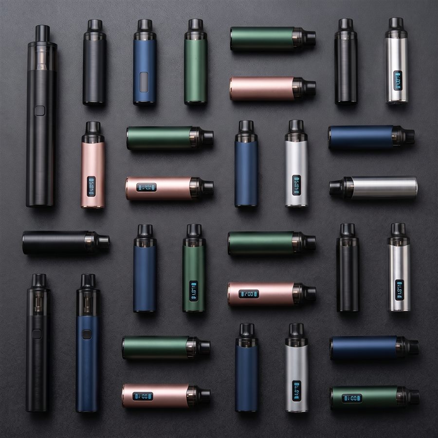 A grid of slim disposable vape devices in different colors and finishes