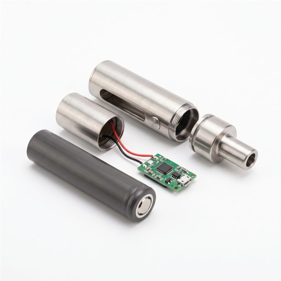 A disassembled disposable vape device showing the built-in battery and circuit board