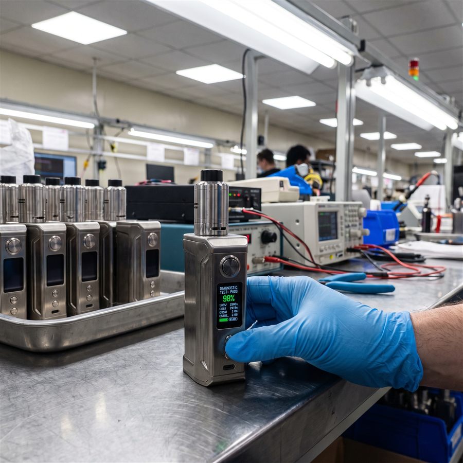 An AIO vape device on a QC bench with its display reading a diagnostic test pass and battery percentage
