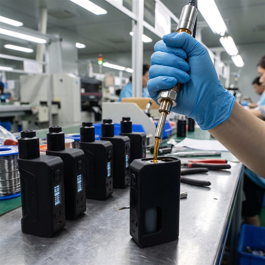 A gloved hand filling a row of AIO box-mod devices on a production line