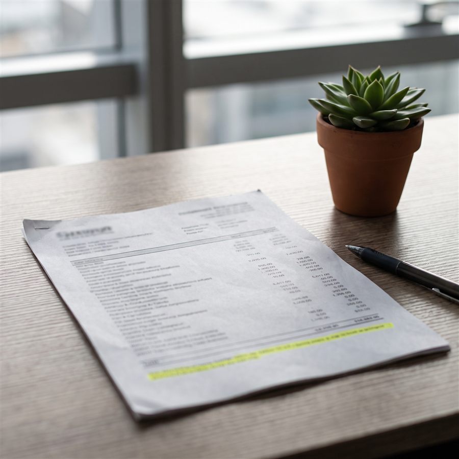 A printed invoice with a highlighted total line on an office desk