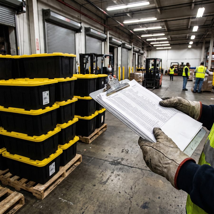 A gloved hand reviewing a printed shipping manifest next to stacked tamper-sealed totes at a loading dock