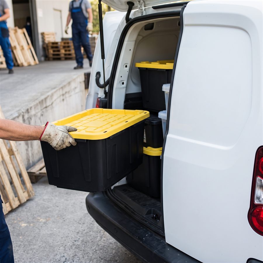 A gloved hand loading a tamper-sealed tote into the back of the delivery van