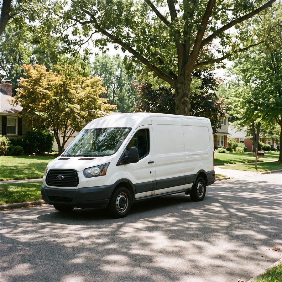 A white cargo delivery van driving on a tree-lined suburban road