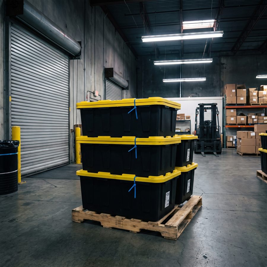Tamper-sealed stackable totes staged on a pallet in a warehouse
