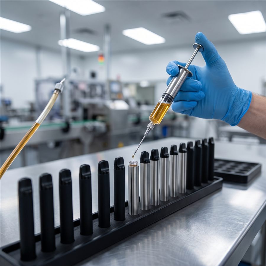 A gloved hand filling a row of slim disposable vape pens on a production line