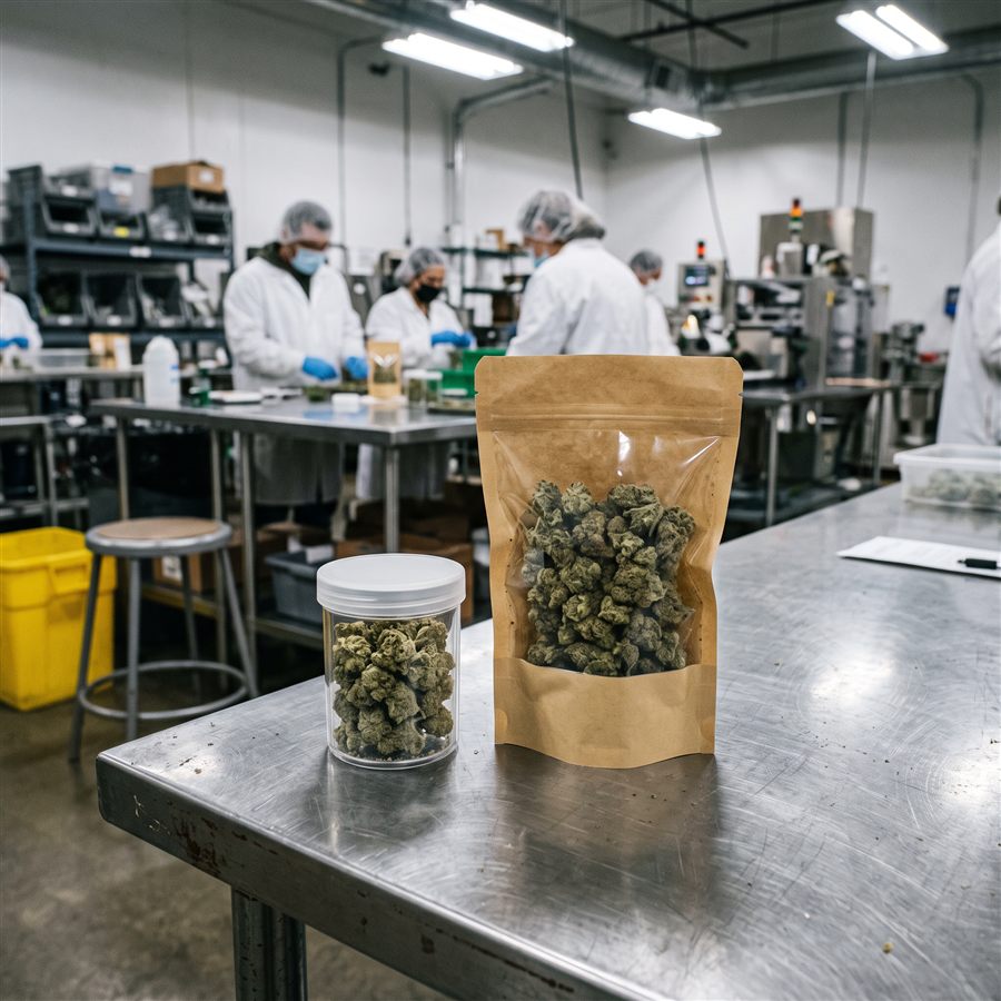 A small plastic jar and a stand-up pouch, both filled with cannabis flower
