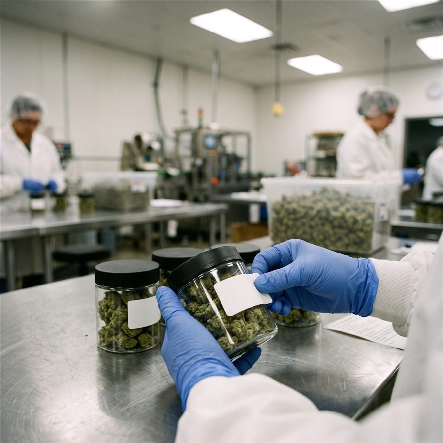A gloved hand applying a blank printed label to a plastic jar of cannabis flower