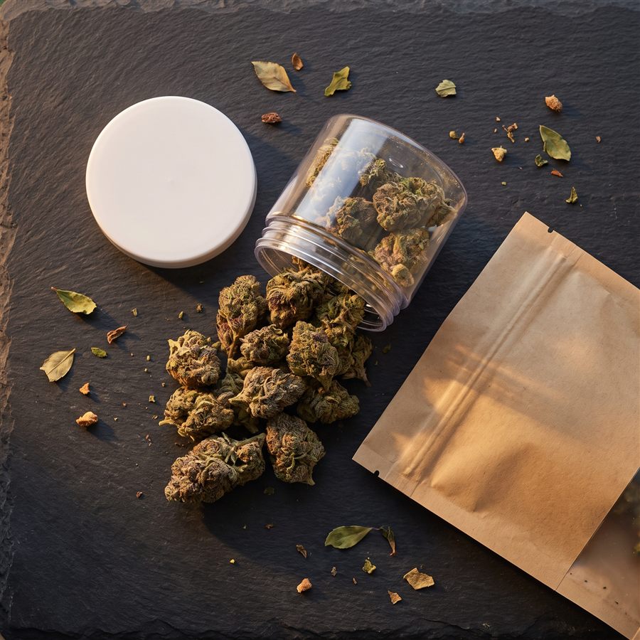 Overhead flat-lay of a plastic jar and pouch with cannabis flower spilling out