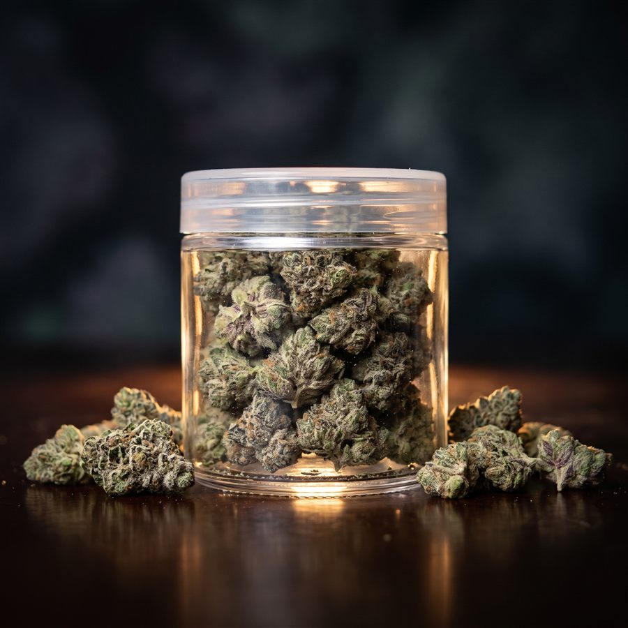 A filled plastic jar of cannabis flower with dramatic rim lighting