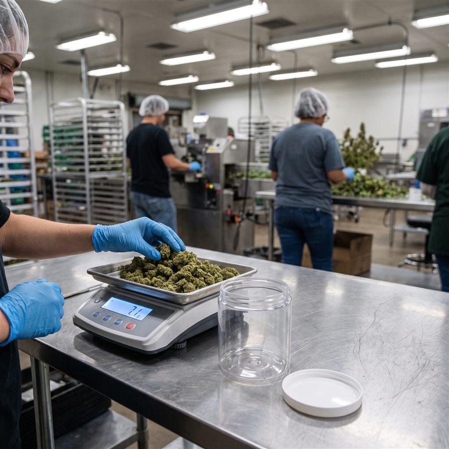 A gloved hand weighing cannabis flower next to an empty plastic jar