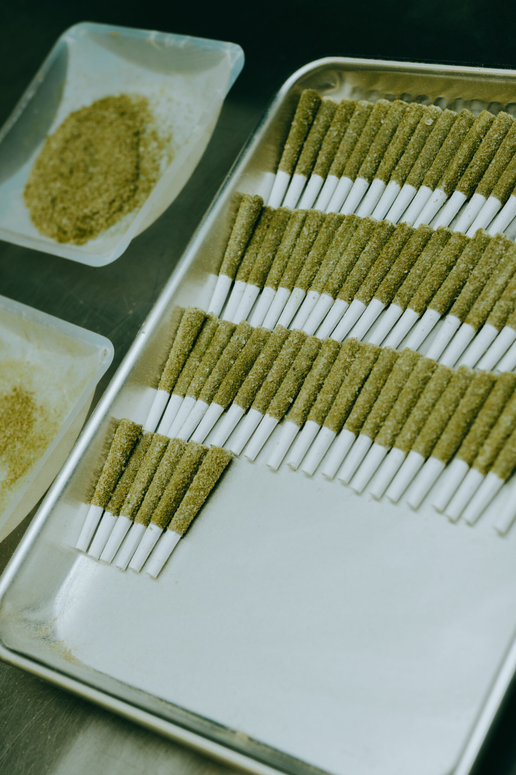 Infused pre-rolls partway through the H5P Blend coating process