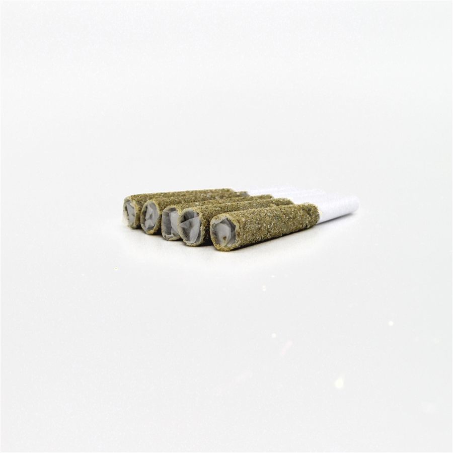 A stack of five infused and coated pre-rolls, coated ends facing forward