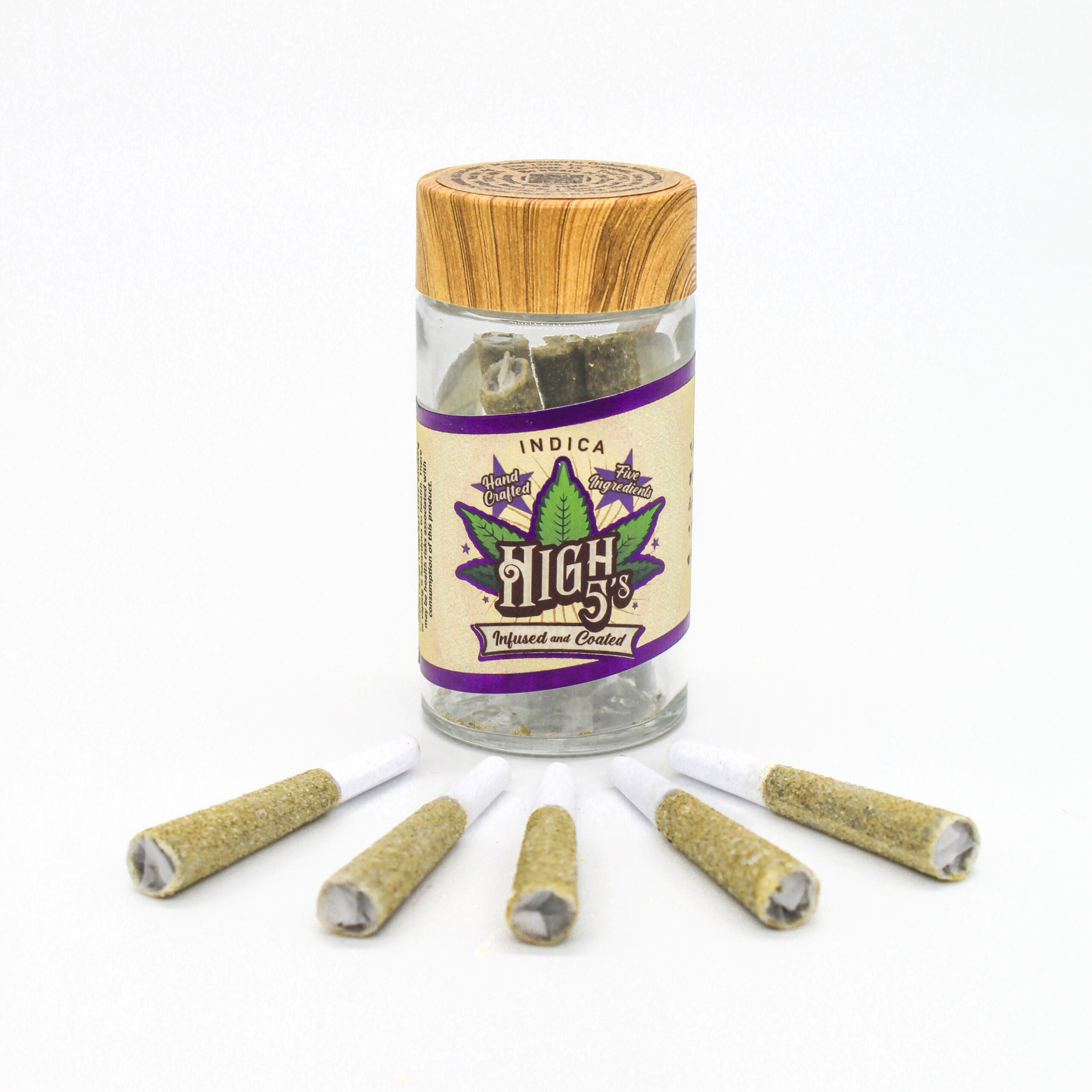 High 5&rsquo;s 5-pack jar, clear glass with a wood-grain lid, and its five pre-rolls
