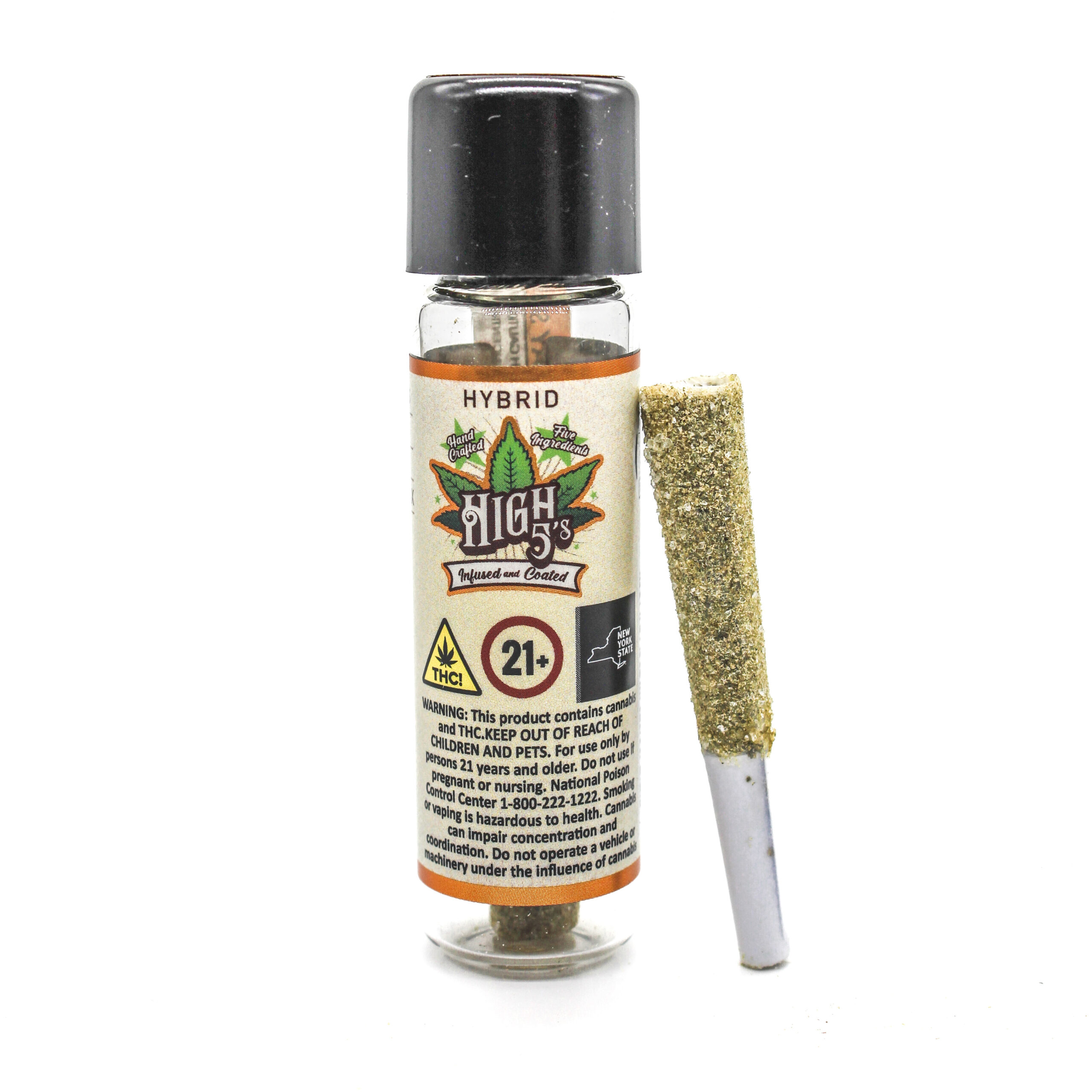 A single High 5&rsquo;s Hybrid tube, clear glass with a black lid, and its pre-roll