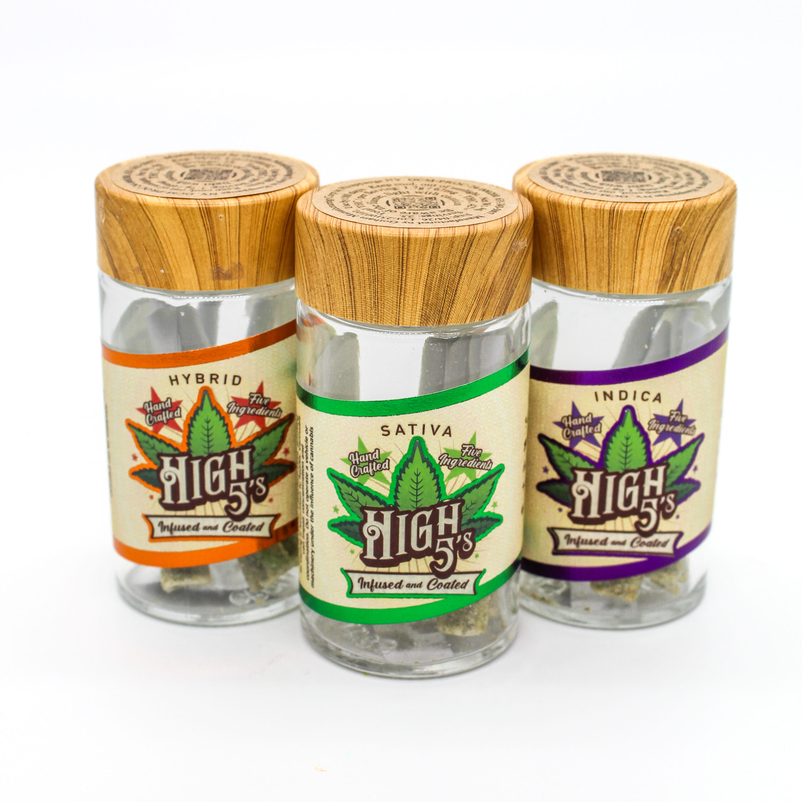 High 5's Indica, Sativa, and Hybrid bottles