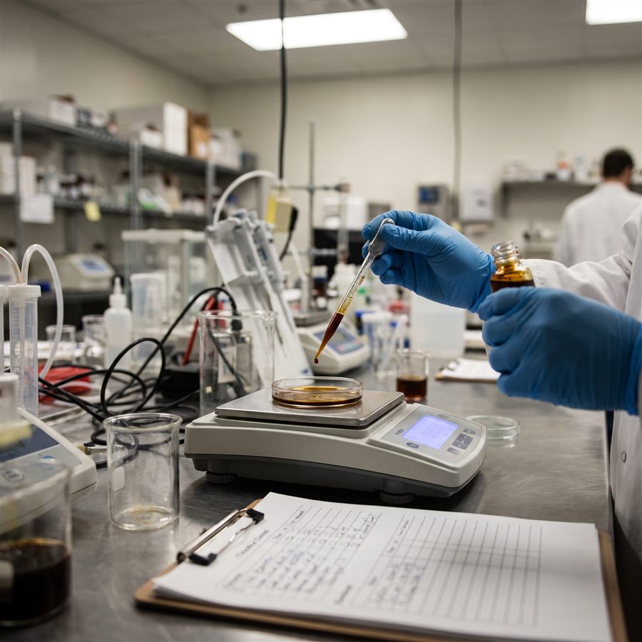 A gloved hand pipetting a formulation sample onto a digital scale next to a testing checklist