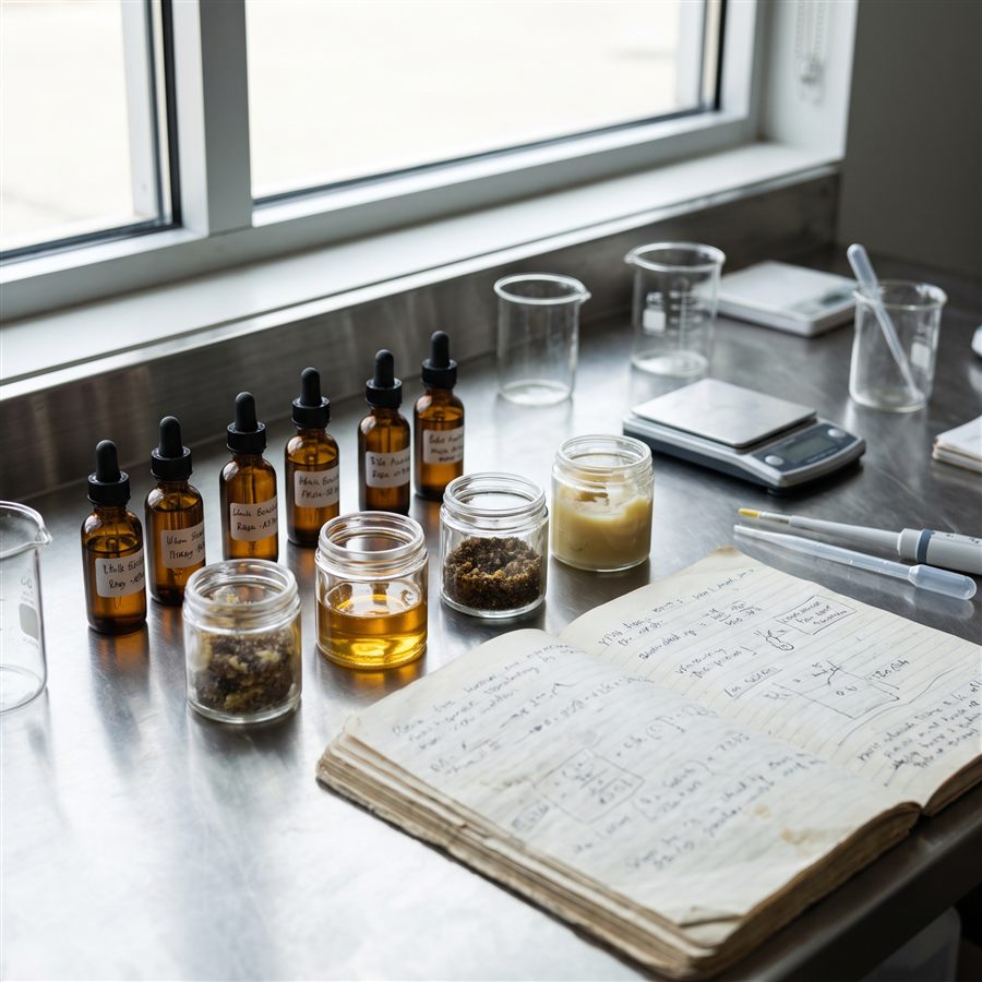 A formulation R&D bench with labeled terpene bottles, concentrate jars, and a handwritten formulation notebook