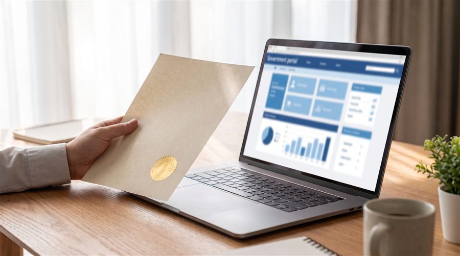 A hand holding a license certificate next to a laptop showing a licensing dashboard