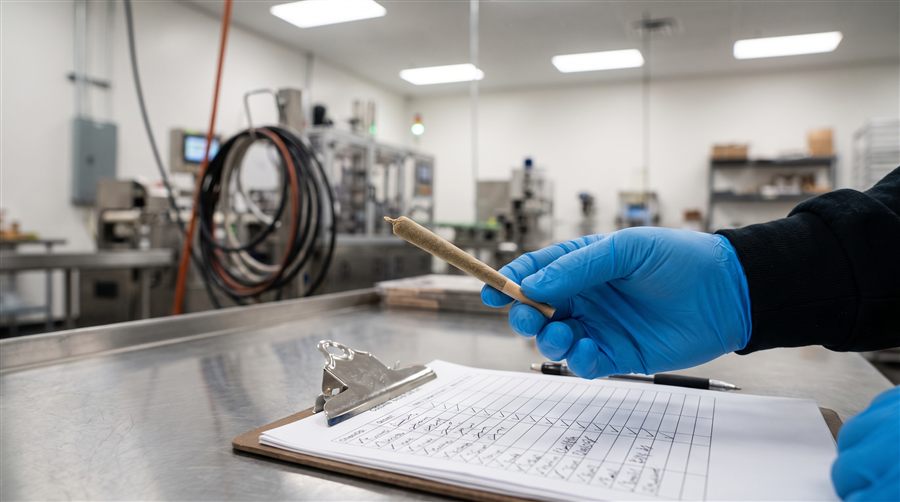 A hand holding a finished pre-roll sample next to a checklist for approval