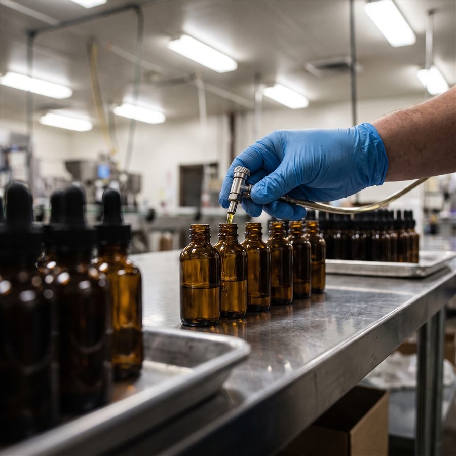 A gloved hand filling a row of amber tincture dropper bottles on a production line