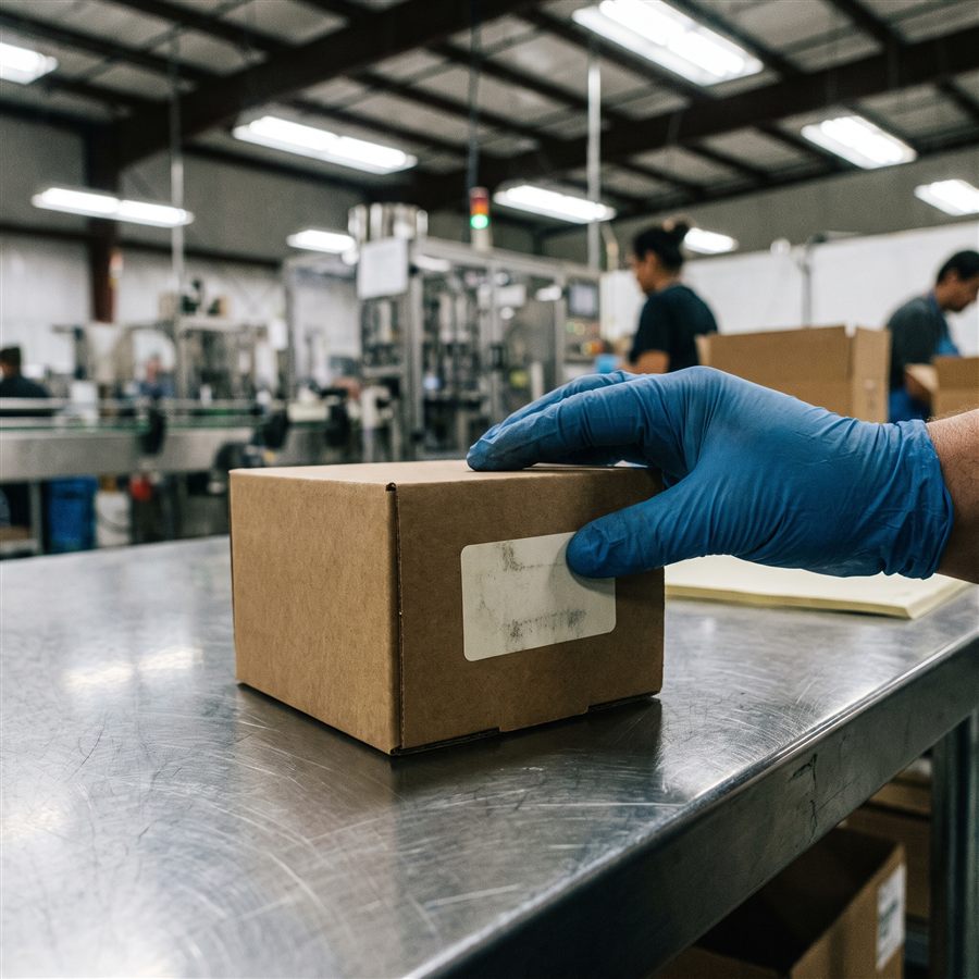 A gloved hand applying a blank printed label to a retail box