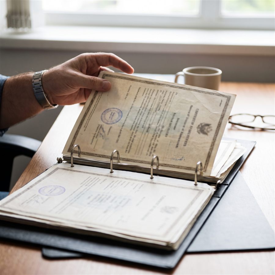 A hand reviewing official license and permit certificates in a binder